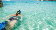 A woman snorkling in the clear blue water.